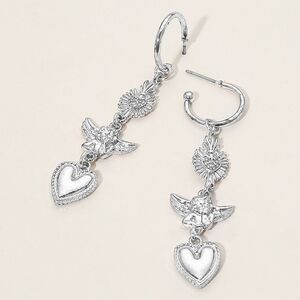 Silver Heart Cherub Angel Charm Coquette Vintage Rhinestone Drop Dangle Earrings